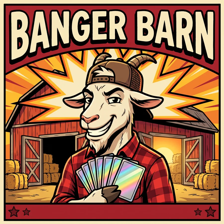 The Banger Barn goat — cap on backwards, holding a fan of holographic cards in front of the barn