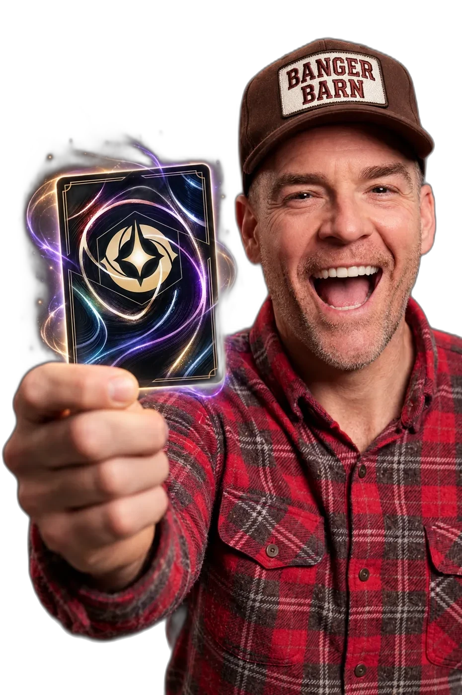 Jon Wolheim, host of Banger Barn, holding up a glowing card