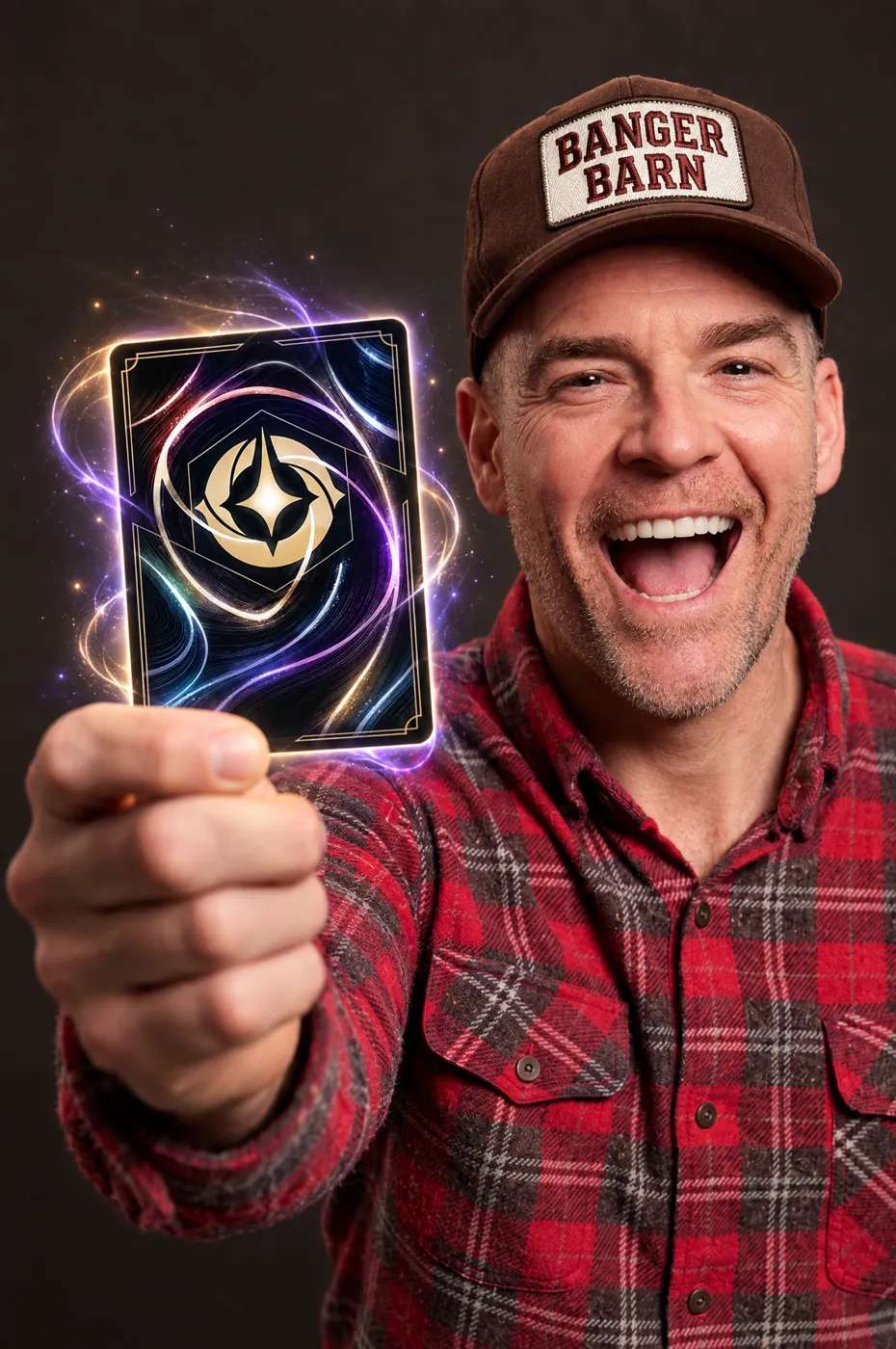Jon Wolheim, host of Banger Barn, holding up a glowing card